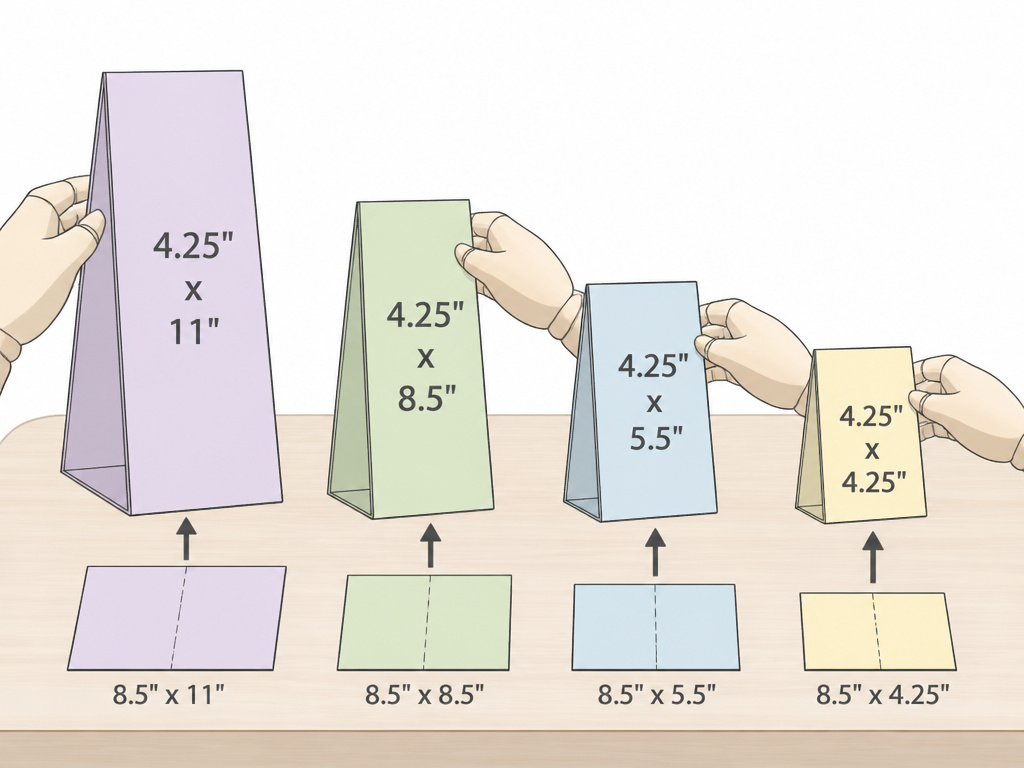 Standard table tent sizes comparison chart with dimensions and blank sheet guides