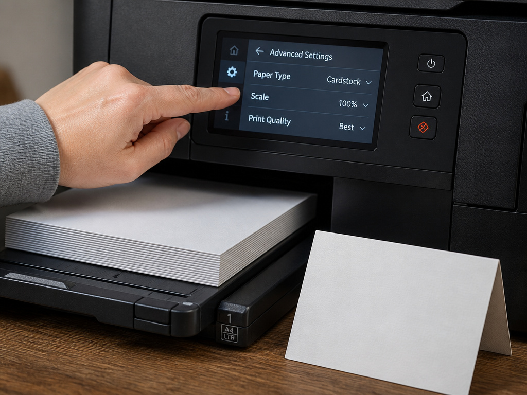 Close-up of printer settings for cardstock and a finished tent card.