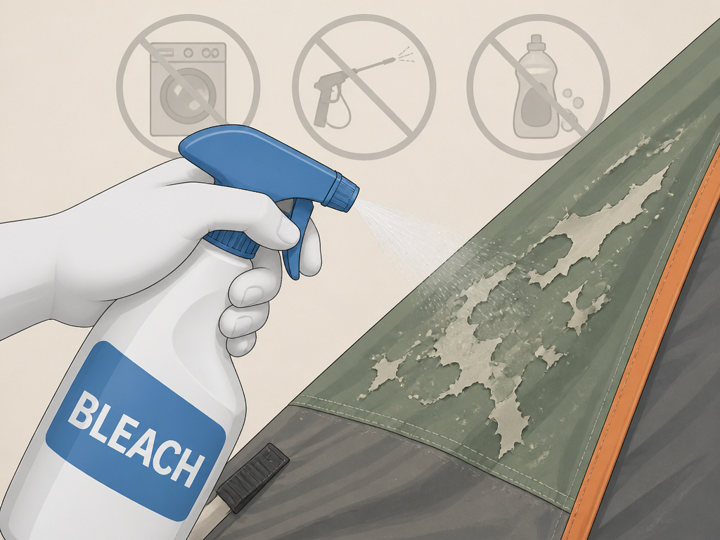 Harsh cleaning products like bleach damaging tent fabric and coatings.