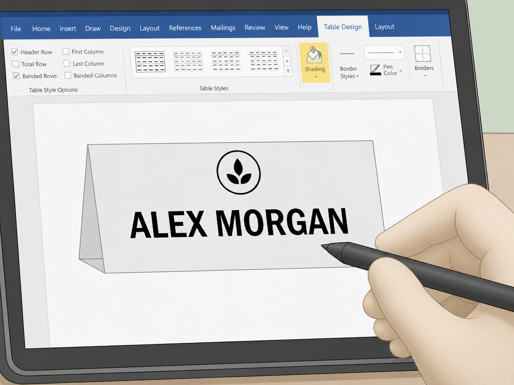 Close-up of a name tent design in Word showing large font and shaded background.