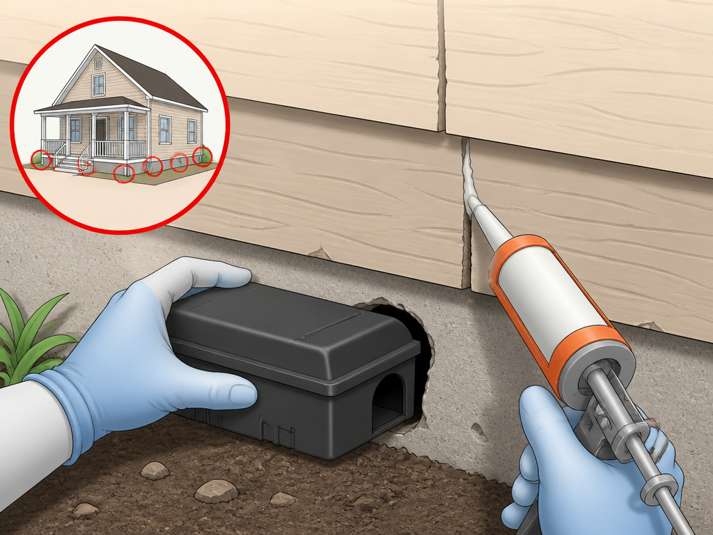 Professional rodent control using bait stations and sealant for exclusion.