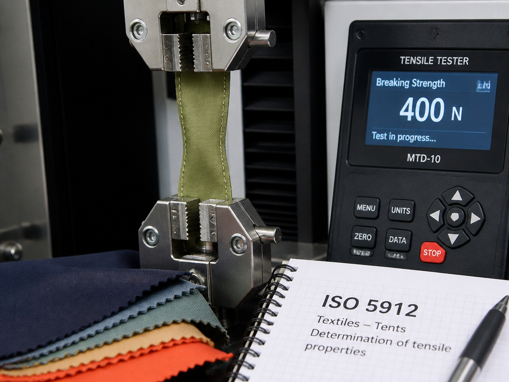 ISO 5912 fabric strength test for tear and breaking resistance on tent material.