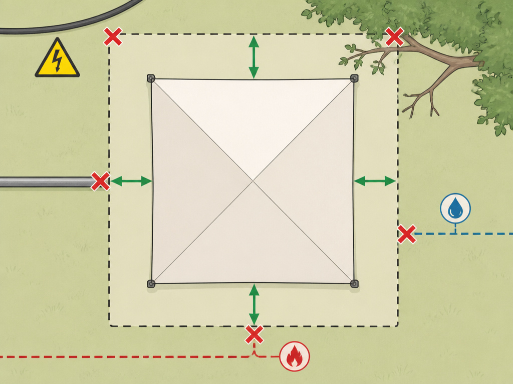 Diagram showing required 24x24 foot site clearance for a 20x20 tent with hazards marked.