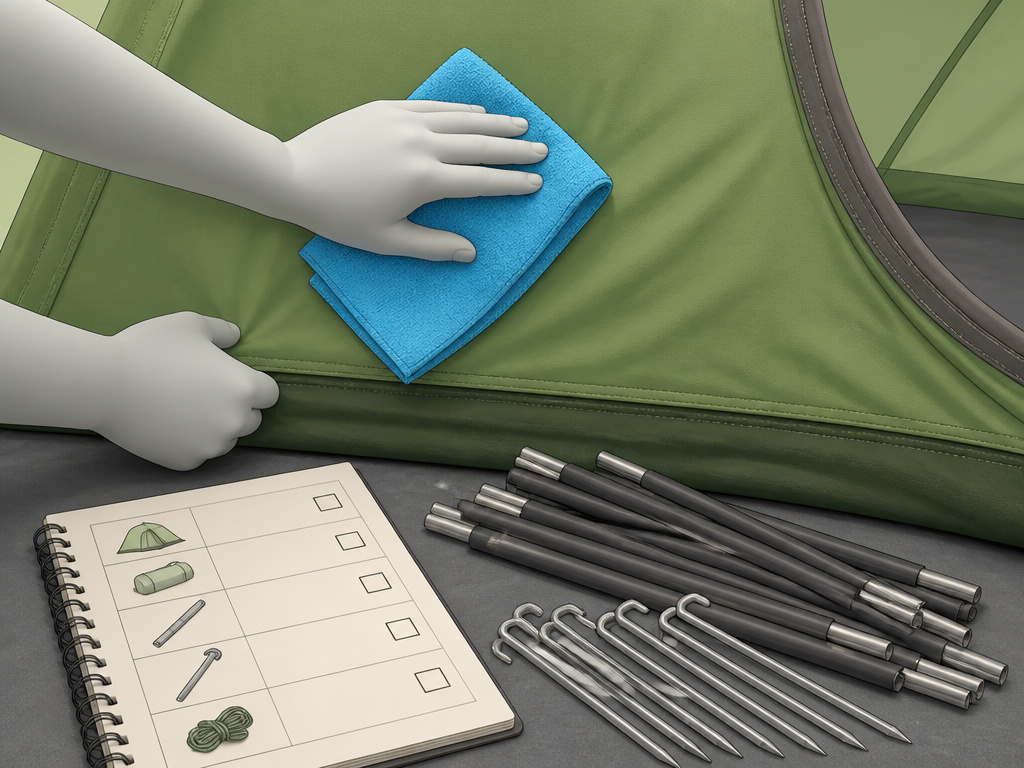Close-up of hands drying and checking a rented camping tent for return.