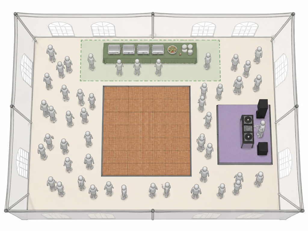 Floor plan diagram showing tent space consumed by dance floor, buffet, and DJ for 40 guests