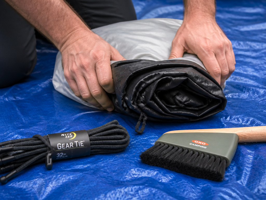 Essential gear for folding a shower tent: tarp, brush, and strap on ground.