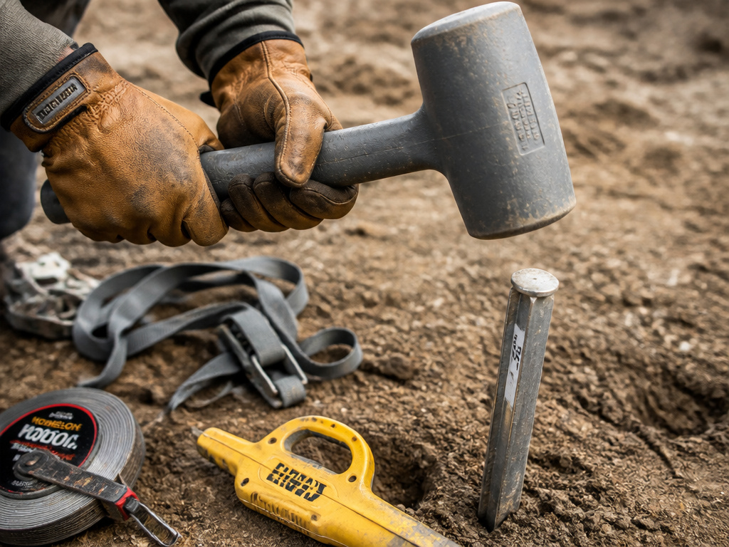 Heavy-duty tools for setting up a big tent: mallet, stake, and safety gear.
