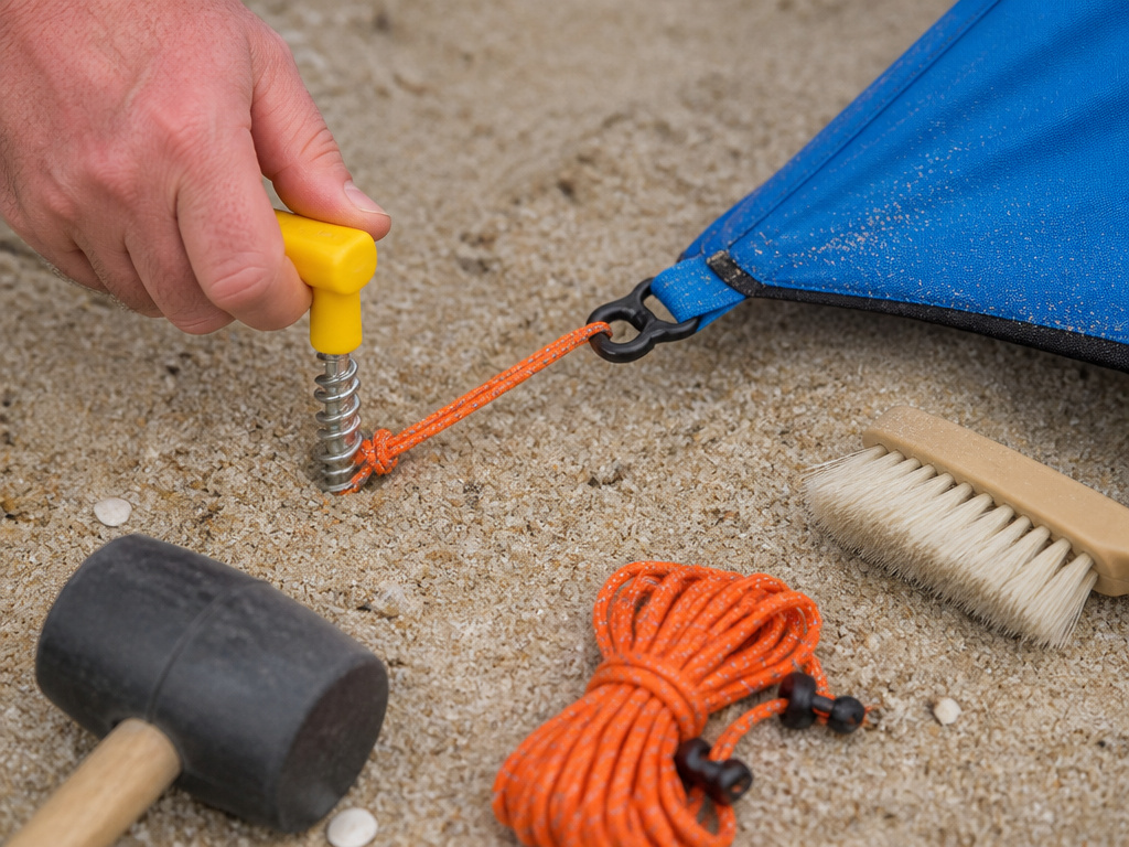 Essential beach tent gear: sand anchors, mallet, guy line, and brush.