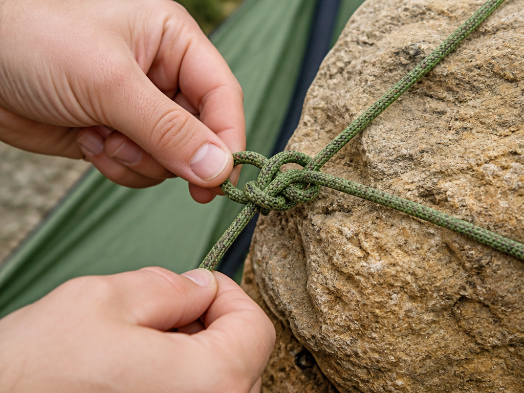 Close-up of a killick hitch knot anchoring a guy line to a large rock.