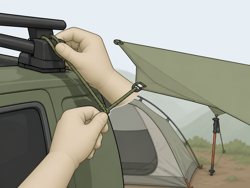 Using a car roof rack and trekking pole as tarp anchors over a tent.