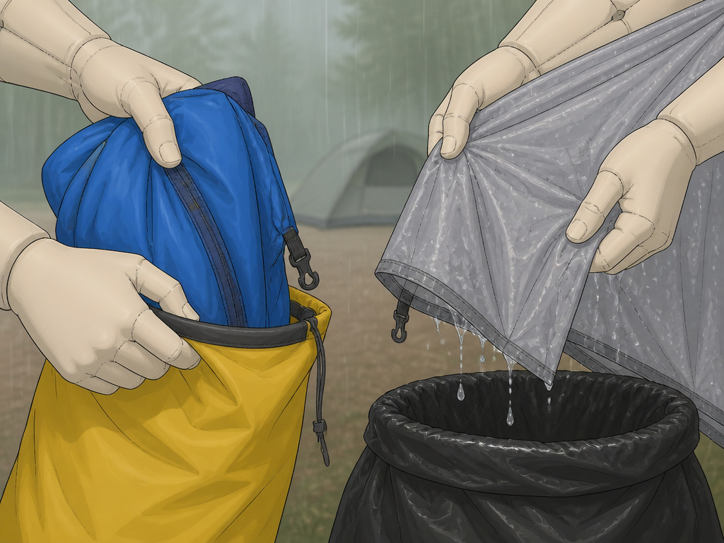 Close-up of hands packing a wet rainfly and dry inner tent separately in the rain.