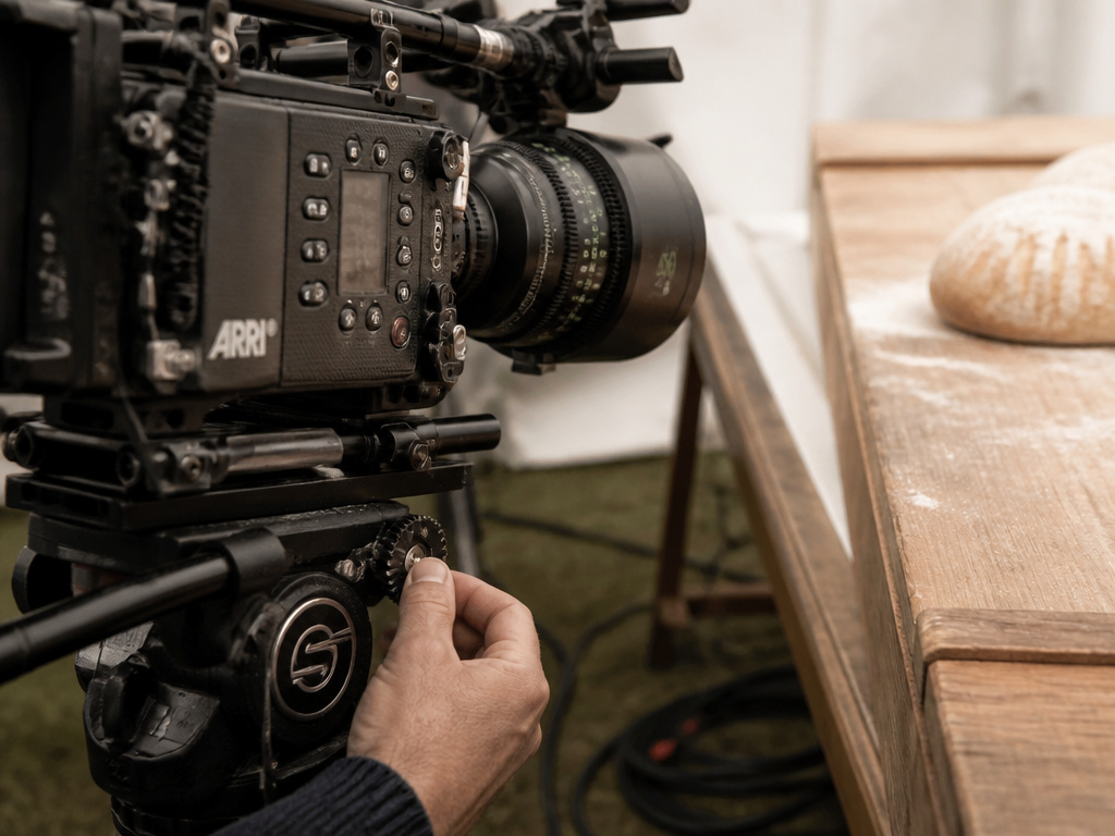 Film camera inside the GBBO tent capturing the baking bench set
