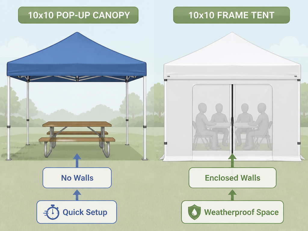 Diagram comparing a 10x10 pop-up canopy versus an enclosed frame tent.