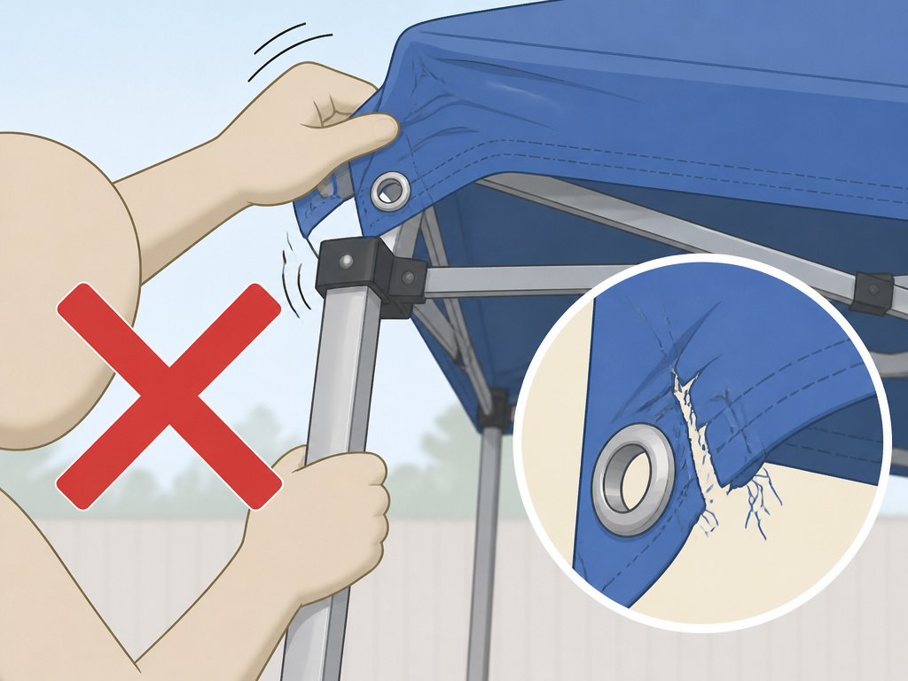 Incorrect way to detach a canopy tent, showing fabric tearing at grommet