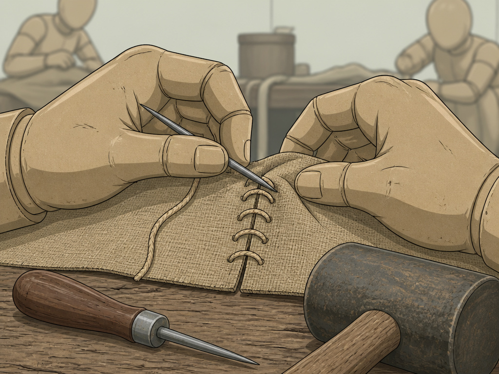 Close-up of hands stitching durable tent fabric with simple tools.