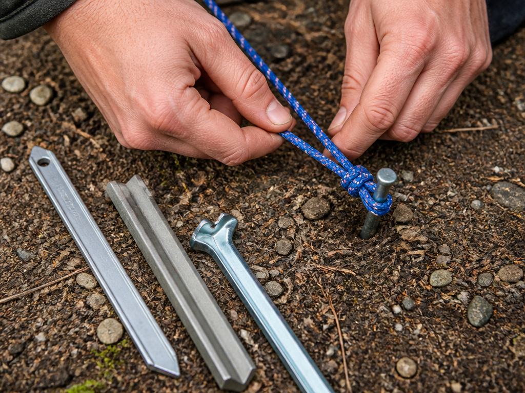 Close-up of hands tying a taut-line hitch knot on nylon rope with various tent stakes.