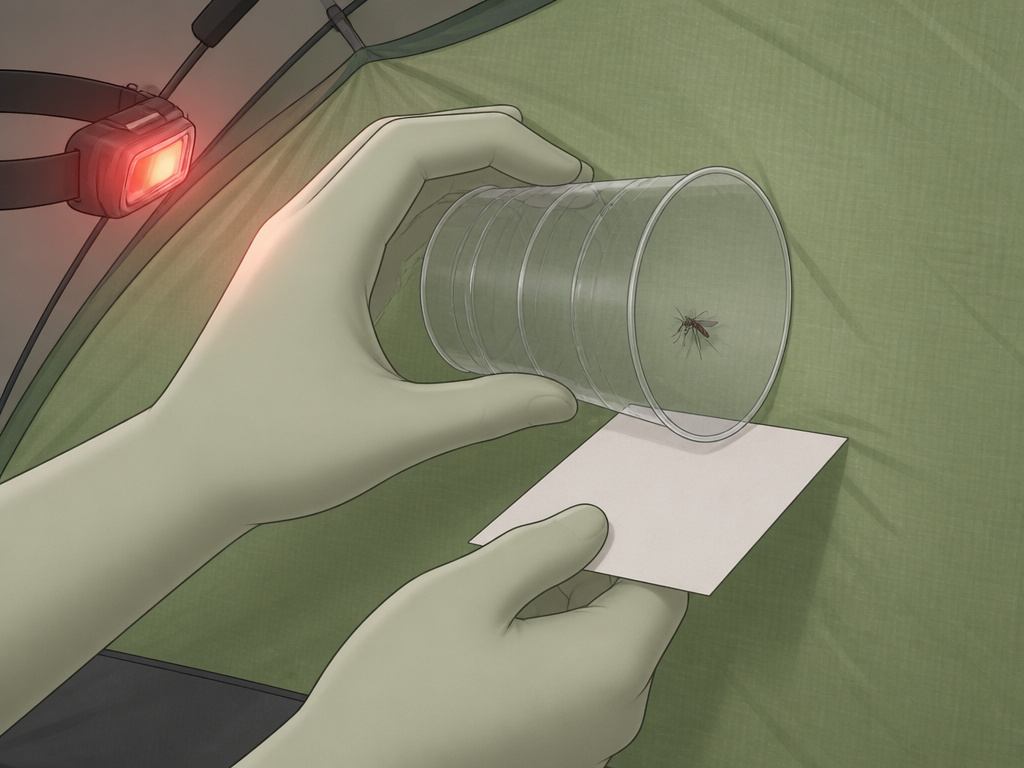 Using cup and card method to catch and release a mosquito inside a tent.