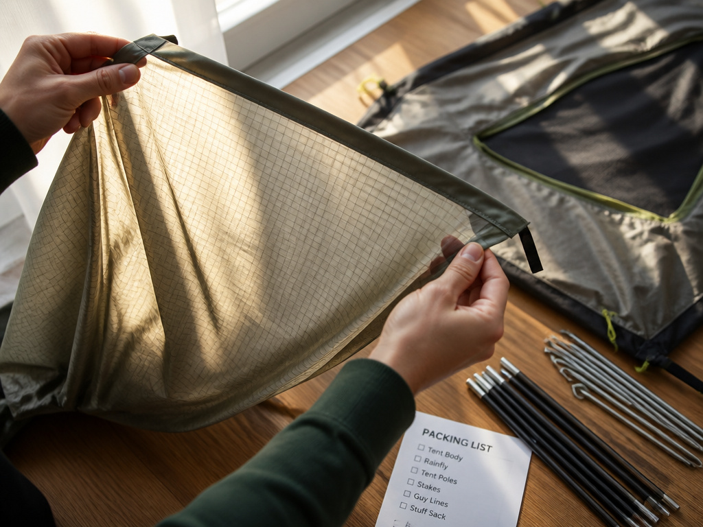 Person checking new tent for holes and verifying all parts after purchase.