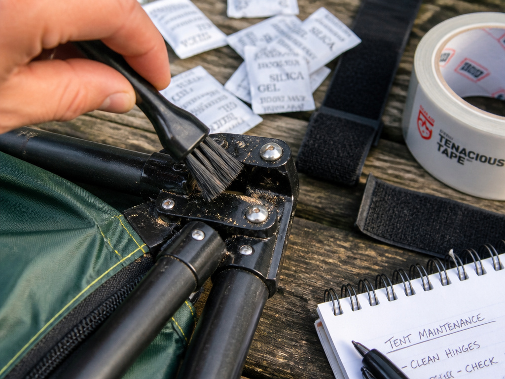 Essential tent maintenance kit items for cleaning and repairing a pop-up tent.