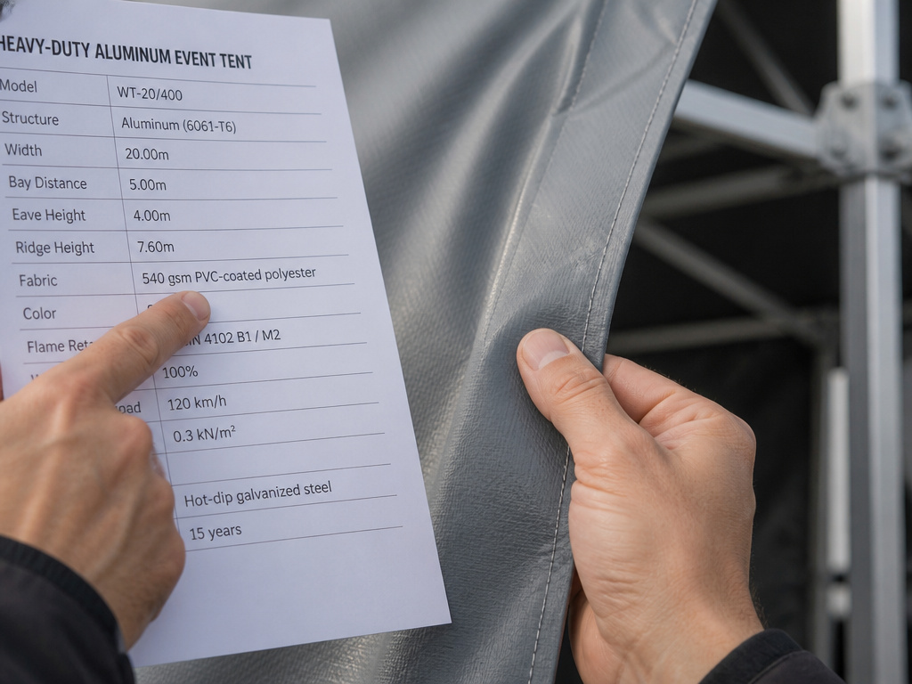 Close-up of tent fabric and spec sheet highlighting material weight and coating.