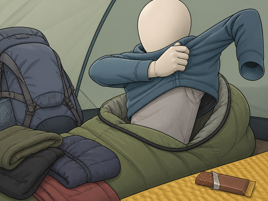 Camper using tent walls for insulation and changing clothes inside sleeping bag