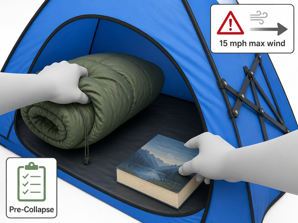 hands removing sleeping bag and book from pop-up tent before folding