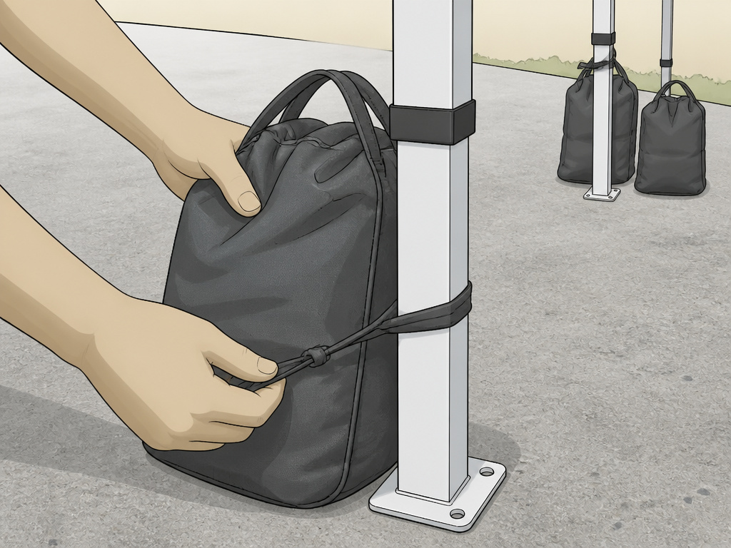 Securing canopy tent leg weights with a strap on hard ground like concrete.
