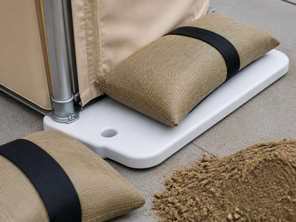 Securing a pop-up tent on concrete using weighted sandbags for anchoring.