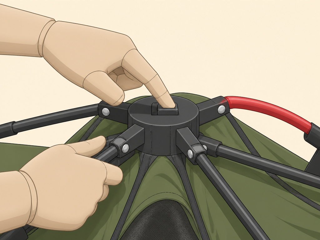 Troubleshooting a stuck pop-up tent by releasing a safety latch on the frame.