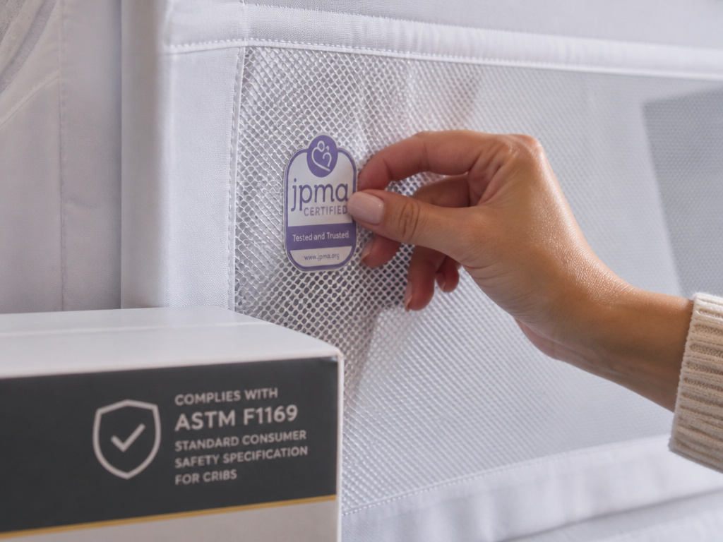 Close-up of a JPMA safety certification seal being applied to a crib tent mesh.