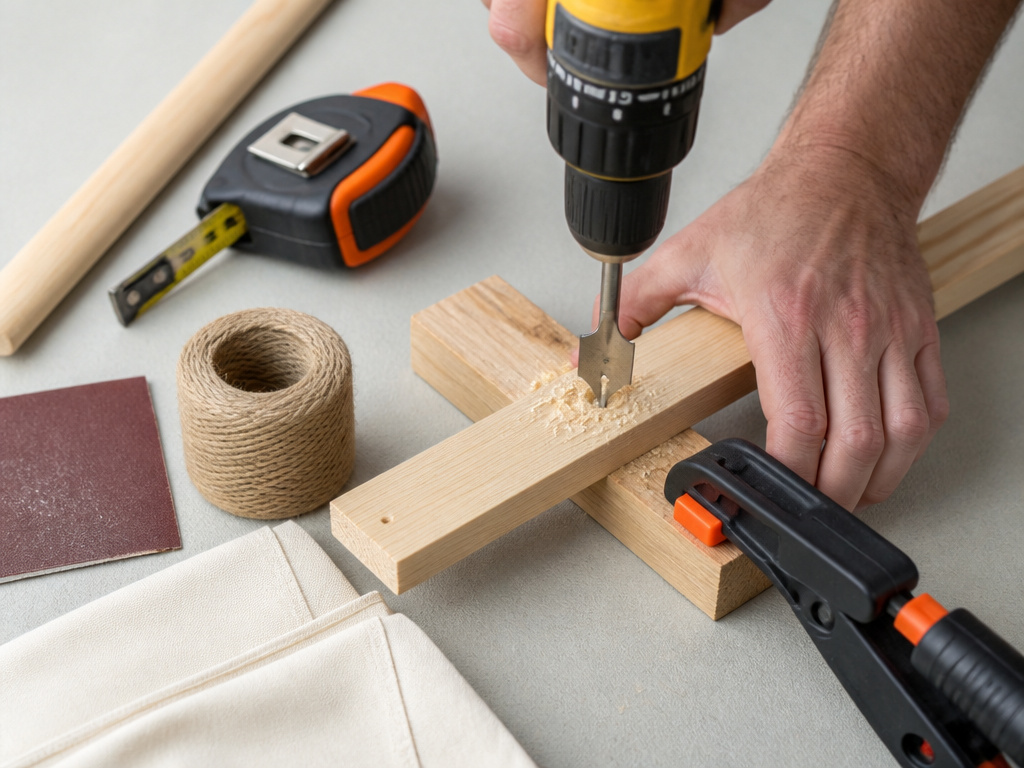 Close-up of drilling a hole in a wooden slumber party tent frame with tools and materials.