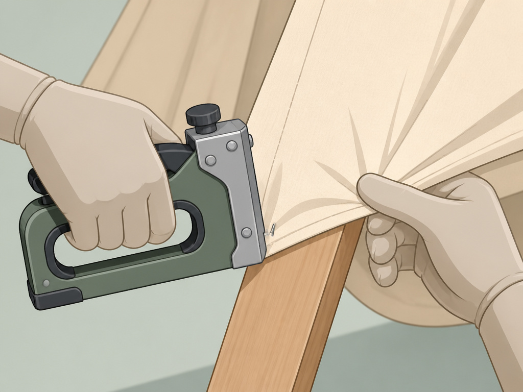 Close-up of stapling fabric to a homemade slumber party tent frame.