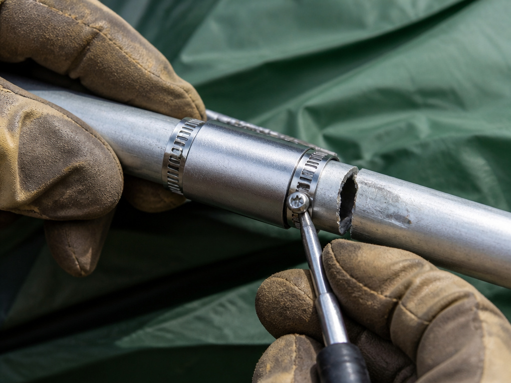Close-up of hands using a metal splint and hose clamp to repair a broken tent pole.