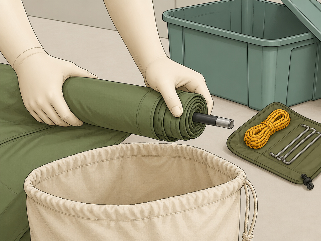Rolling a tent into a breathable storage sack for long-term care