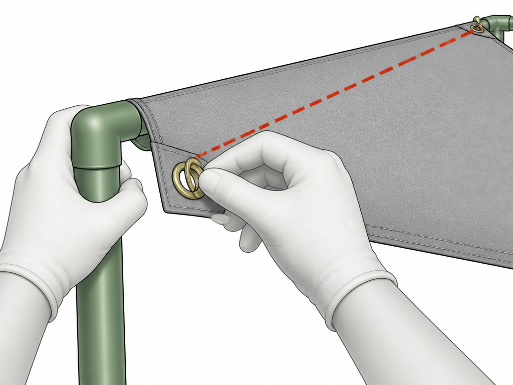 Tenting setup showing the diamond method for attaching a canopy corner.