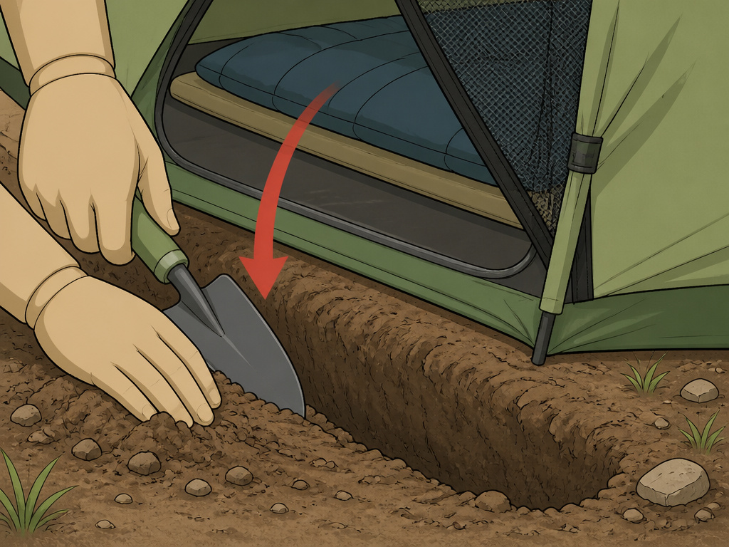 Diagram showing how to dig a cold air trench outside a tent for warmth.