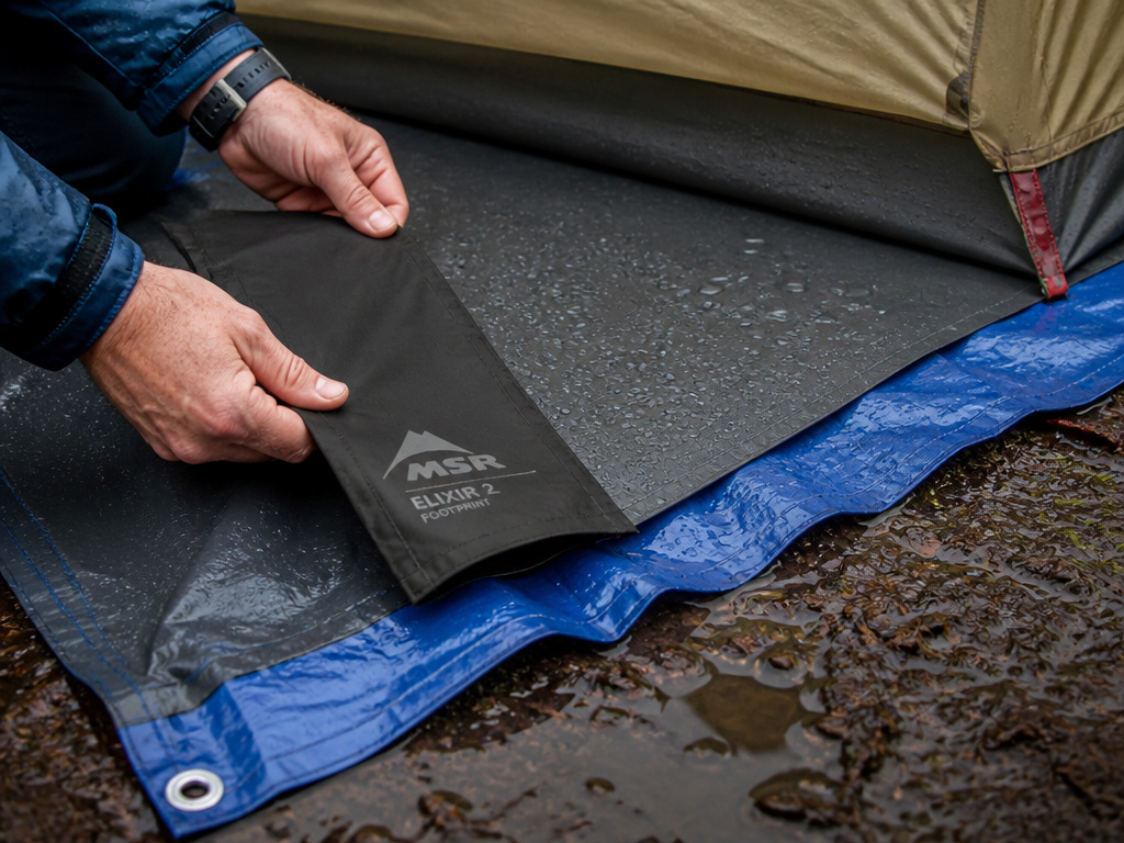 Correct versus incorrect tent footprint placement for waterproofing in rain.