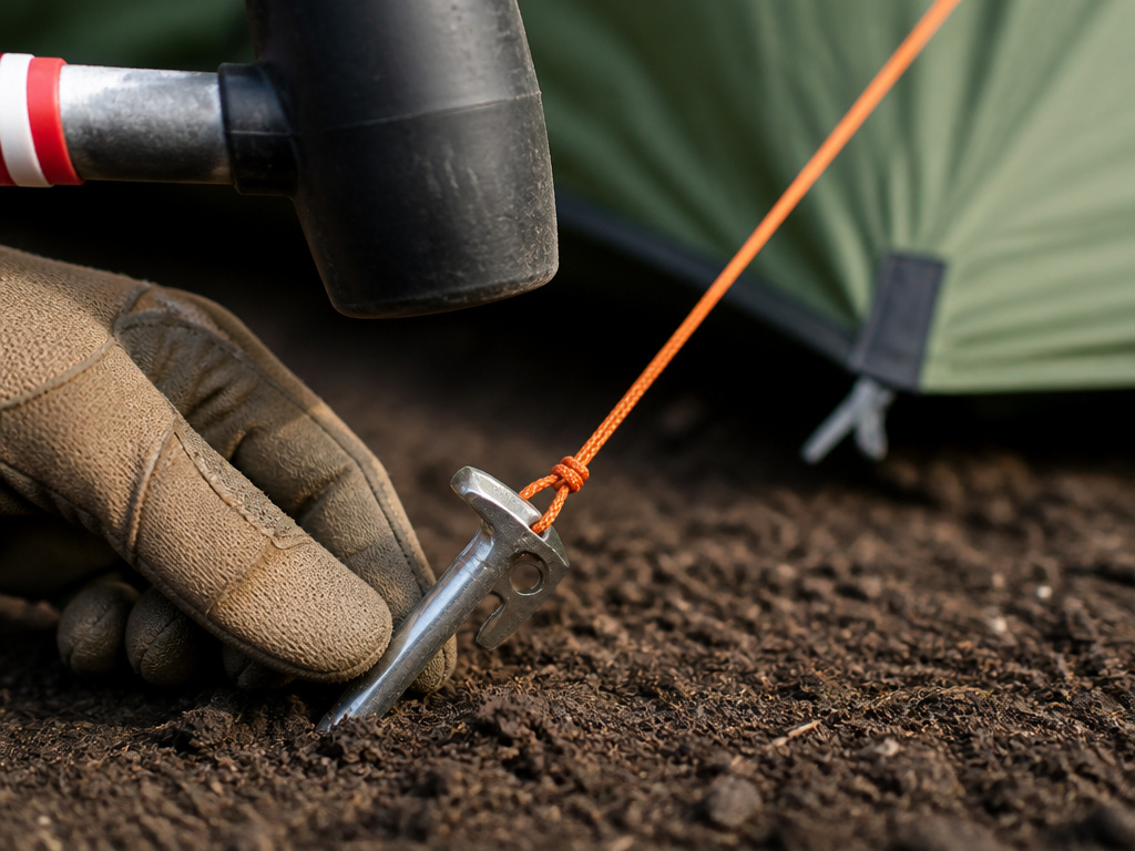 Professional tent staking technique showing a 45-degree angle and taut guyline.