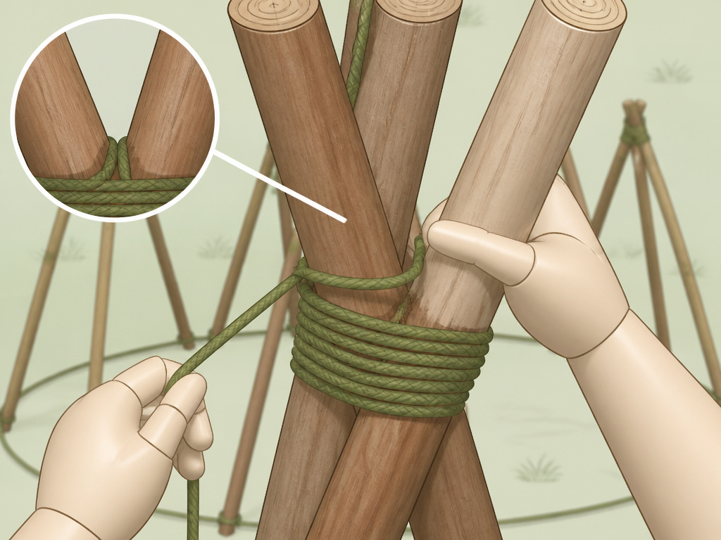 Close-up diagram of lashing additional poles to a teepee tripod frame with rope.