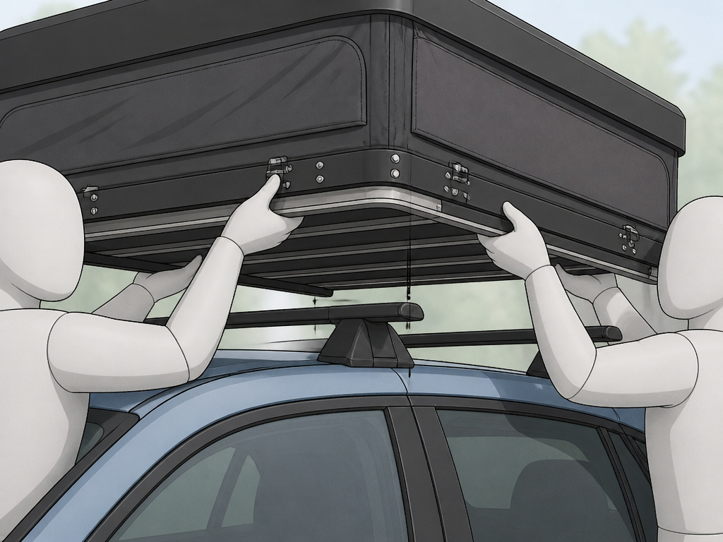 Two people safely lifting a rooftop tent onto a vehicle's roof rack.