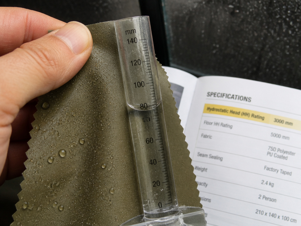 Close-up measuring tent fabric waterproof rating with a ruler and water droplets.