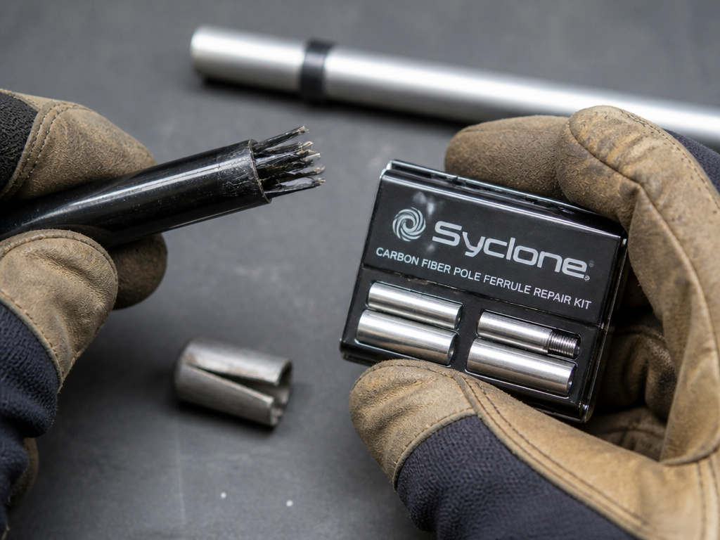 Close-up of a splintered carbon fiber tent pole and specialized repair ferrule.