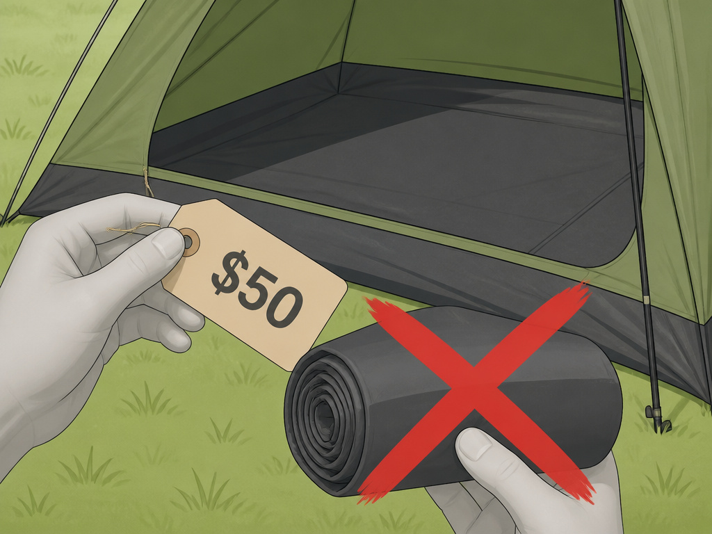Unnecessary tent footprint next to a durable tent on soft campsite grass.