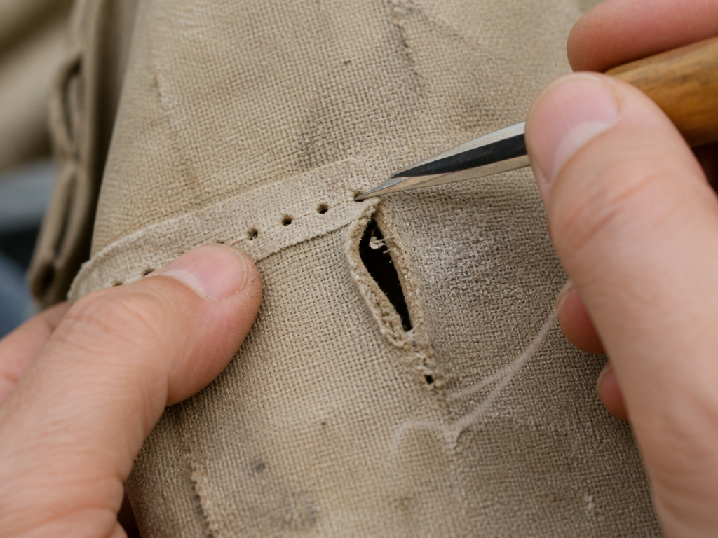 Close-up of a sewing awl creating micro-perforations in brittle tent canvas.