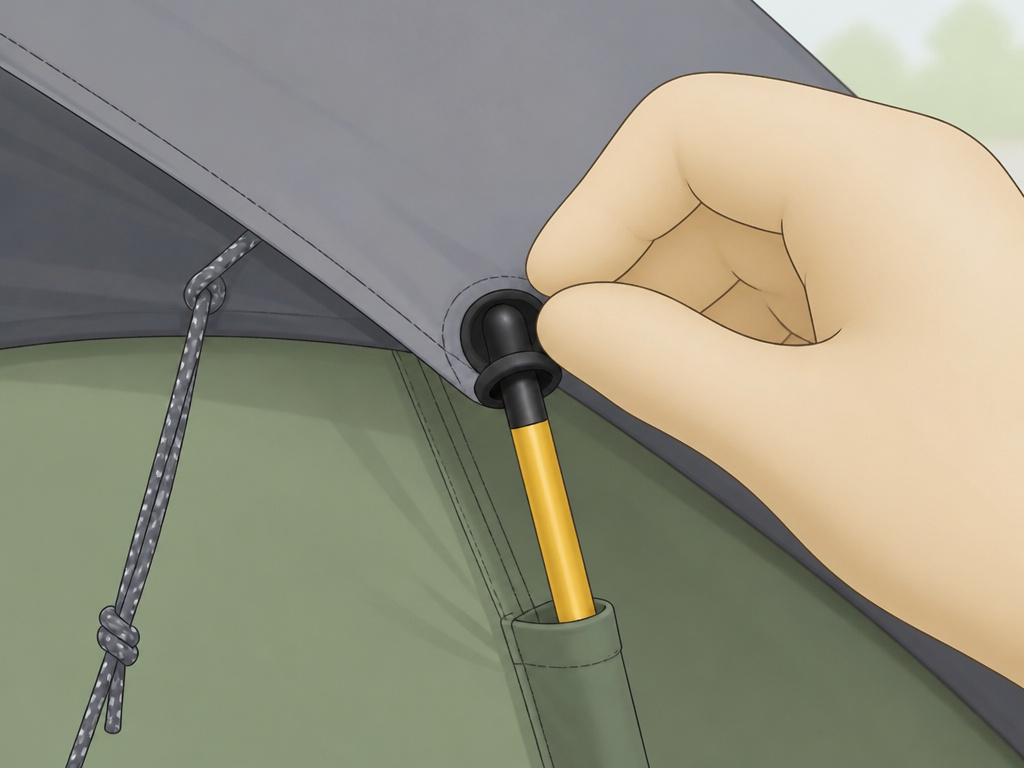 Close-up of attaching a tent rain fly grommet over a pole end.