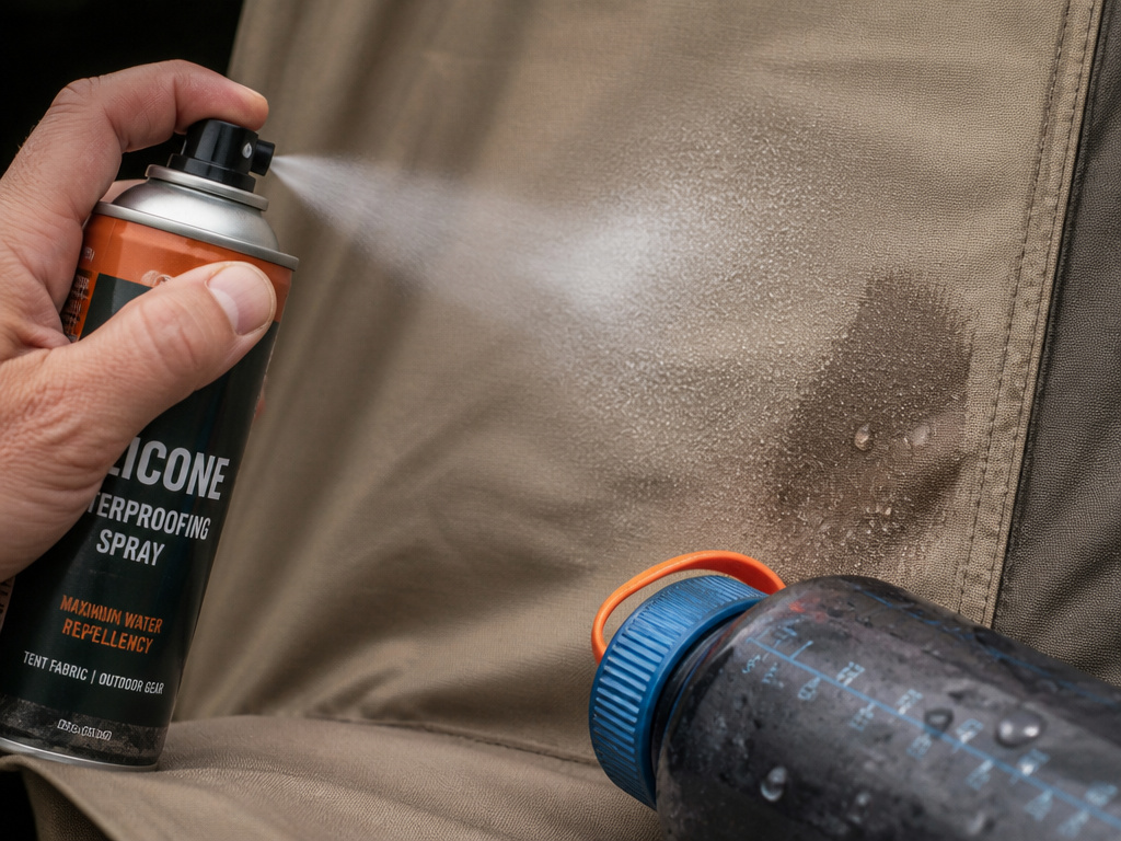 Applying silicone waterproofing spray to a clean canvas tent wall