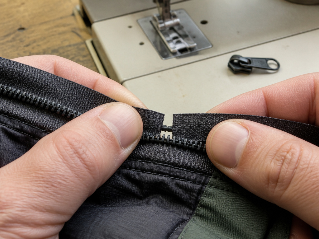Close-up of damaged tent zipper teeth with a gap, requiring professional repair.