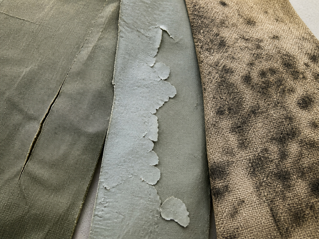 Close-up comparison of failing nylon, polyester, and canvas tent materials.