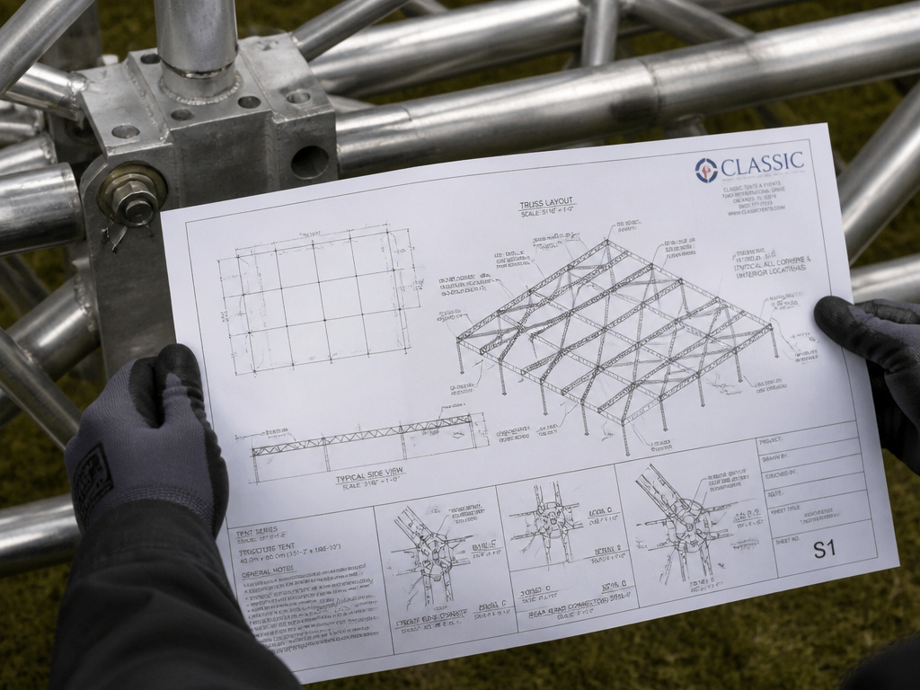 Professional installer reading tent assembly diagrams next to large aluminum frame.