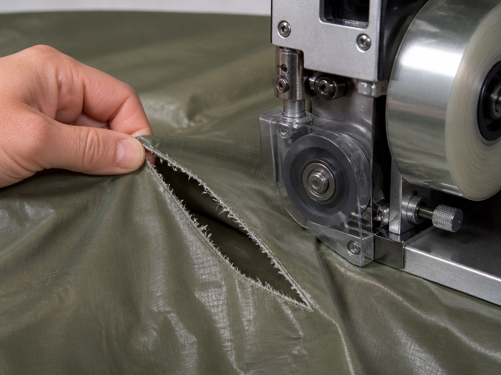 Large tent tear requiring professional repair with seam tape machine.